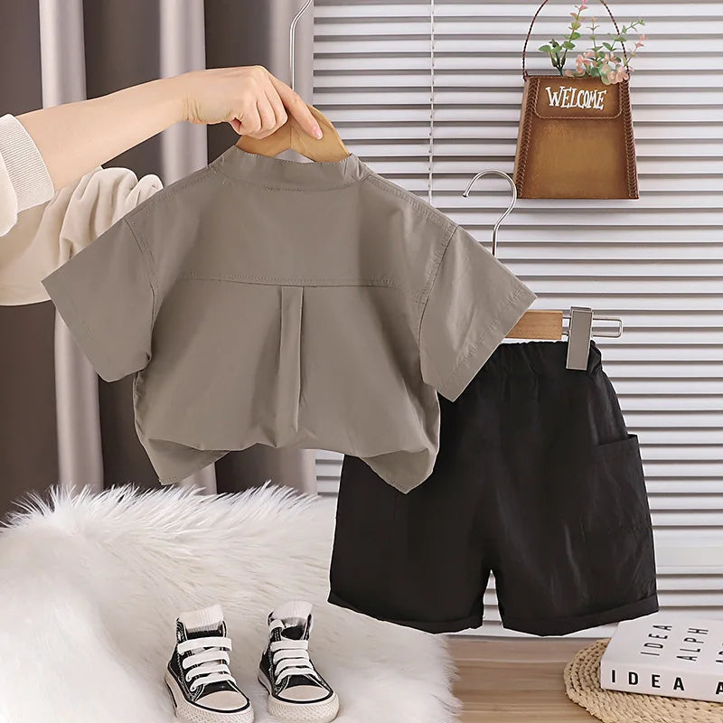2026 New Boys Summer Outfit Kids Striped Patchwork Stand Collar Shirt and Shorts 2 Piece Set Children Cotton Breathable Clothes