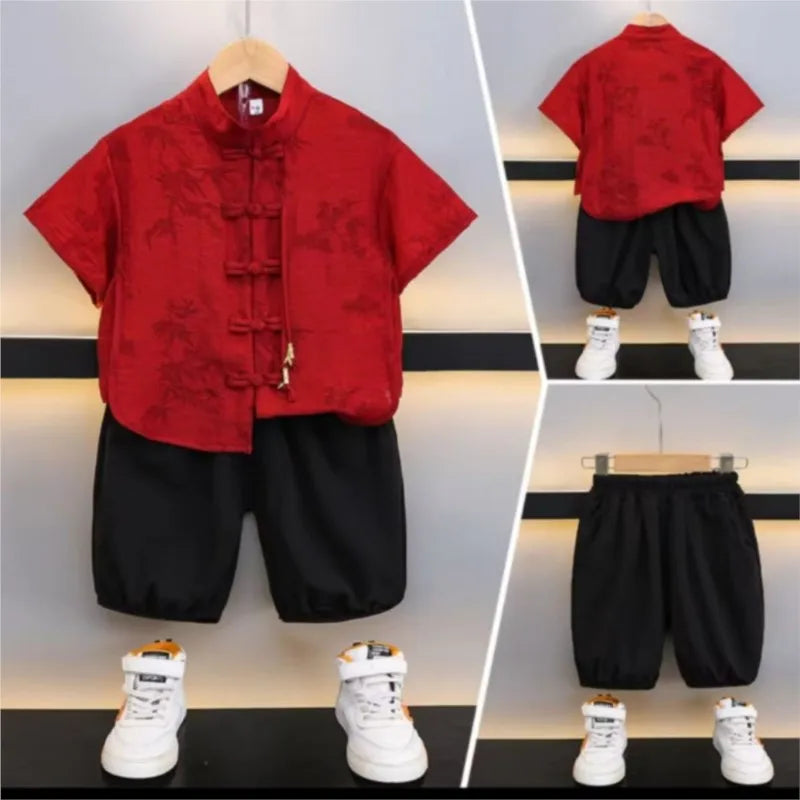 Boys' Summer 2026 New Chinese Buckle Shirt Children's Short Sleeved Shirt Pants 2-piece Set Kids' Trendy Clothing Set LJ707