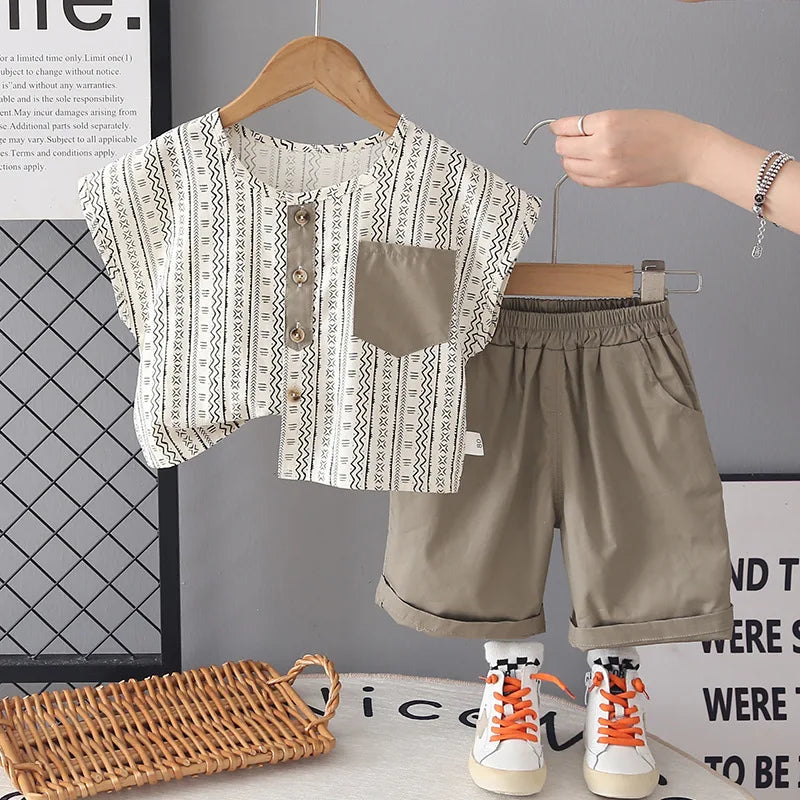 2026 Summer Baby Boys Clothing Set Wave Stripe Tee And Shorts 2 Pcs Kids Clothes Suit Boys Tracksuit