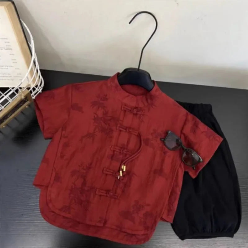 Boys' Summer 2026 New Chinese Buckle Shirt Children's Short Sleeved Shirt Pants 2-piece Set Kids' Trendy Clothing Set LJ707