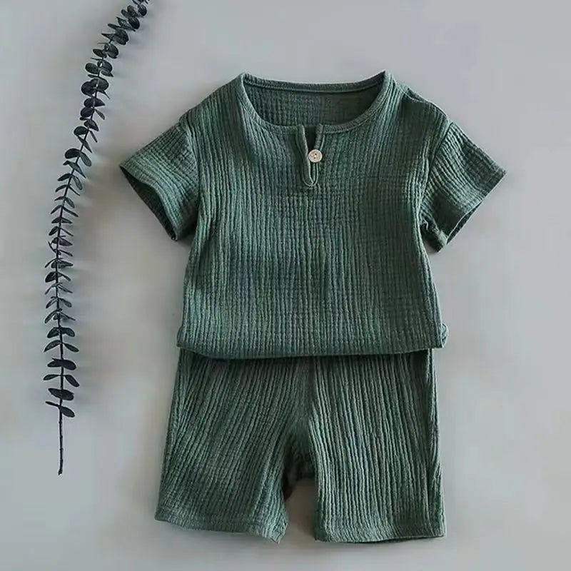 2026 Summer Muslin Kids Clothing Sets 0-7Y Cotton Linen Toddler 2-Piece Outfit Boys Girls Casual T-shirt+Shorts Set Daily Wear