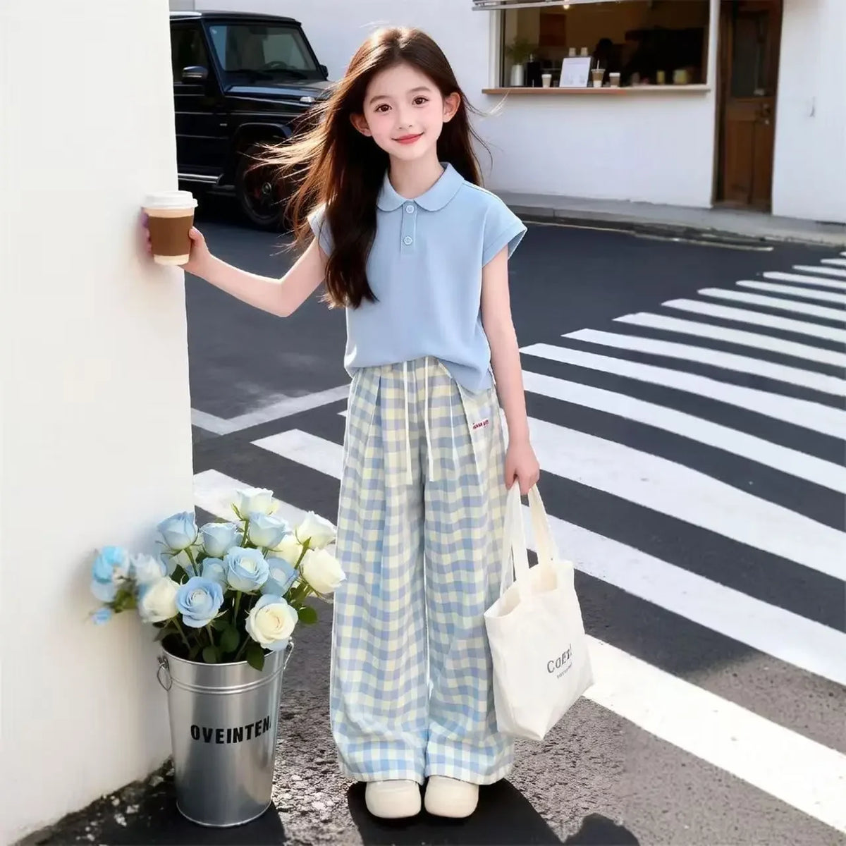 2026 Summer Girls Korean Style Outfit Polo Short Sleeve T-Shirt & Plaid Pants 2PCS Sets Children's Breathable Fashion Clothing