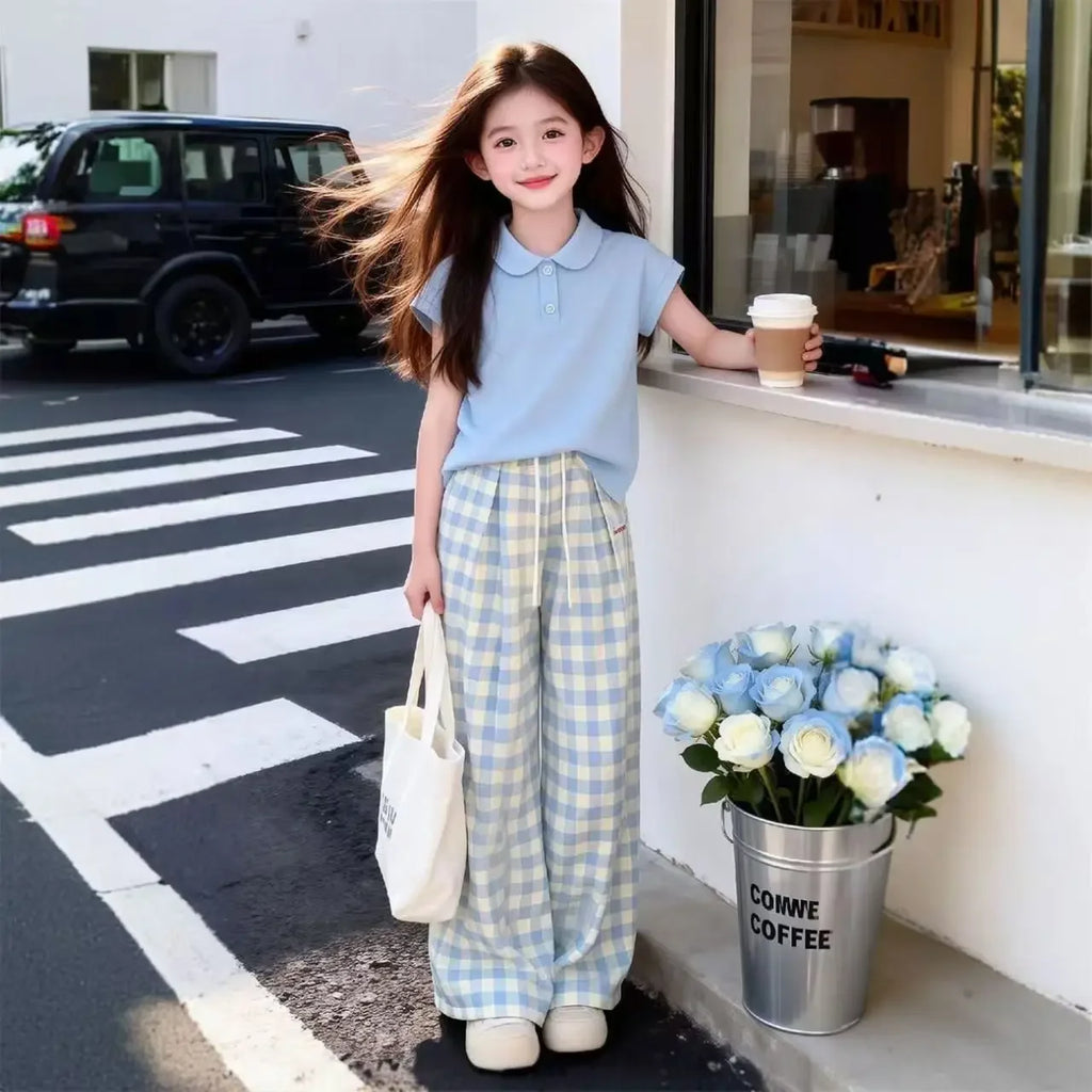 2026 Summer Girls Korean Style Outfit Polo Short Sleeve T-Shirt & Plaid Pants 2PCS Sets Children's Breathable Fashion Clothing
