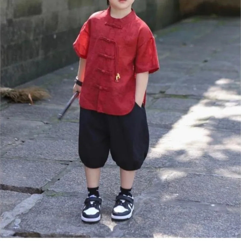 Boys' Summer 2026 New Chinese Buckle Shirt Children's Short Sleeved Shirt Pants 2-piece Set Kids' Trendy Clothing Set LJ707
