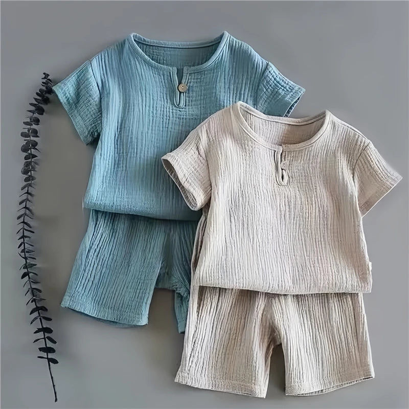 2026 Summer Muslin Kids Clothing Sets 0-7Y Cotton Linen Toddler 2-Piece Outfit Boys Girls Casual T-shirt+Shorts Set Daily Wear