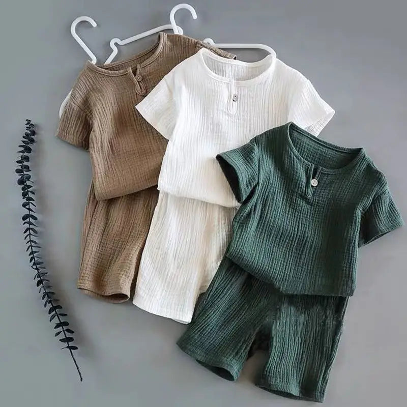 2026 Summer Muslin Kids Clothing Sets 0-7Y Cotton Linen Toddler 2-Piece Outfit Boys Girls Casual T-shirt+Shorts Set Daily Wear